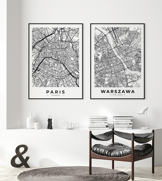 plakaty Mapy miast Warszawa i Paryż - zestaw plakatów
