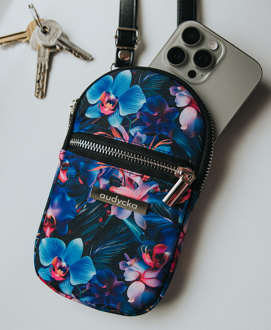 torebki mini Saszetka na telefon wzór FIOLETOWE ORCHIDEE do noszenia na skos