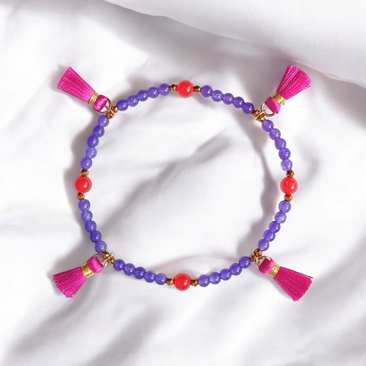 bransoletki z kamieni naturalnych NA NOGĘ : summer collection : jadeit i chwosty : fiolet-pomarańcz-róż