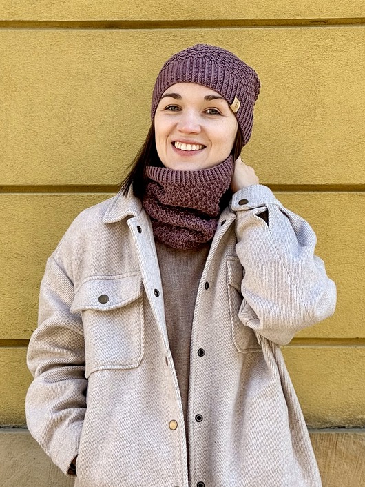 komplety damskie Zestaw - Czapka przedłużana Slouchy & Komin - Wrzos