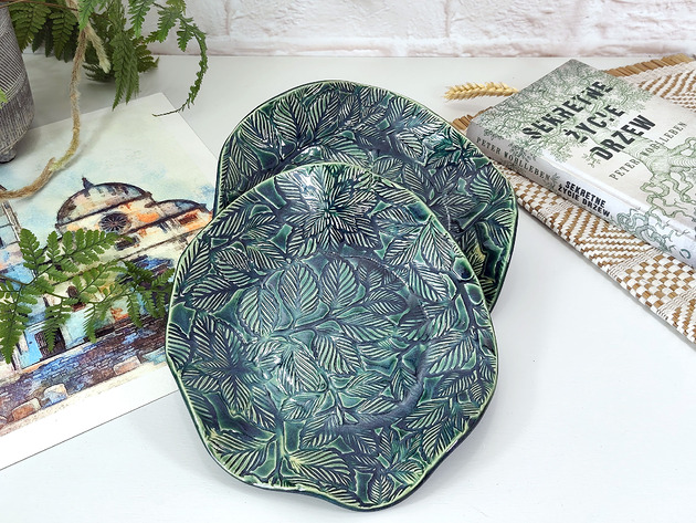 miski i misy Ceramiczna misa z motywem liści w kolorze butelkowej zieleni