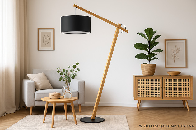 lampy podłogowe Lampa stojąca do salonu drewniana na jednej nodze TORINO