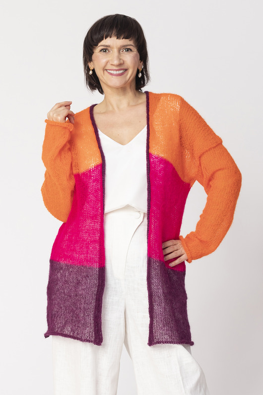 swetry damskie  Sweter wełniany w pasy - kardigan damski Pomarańczowy