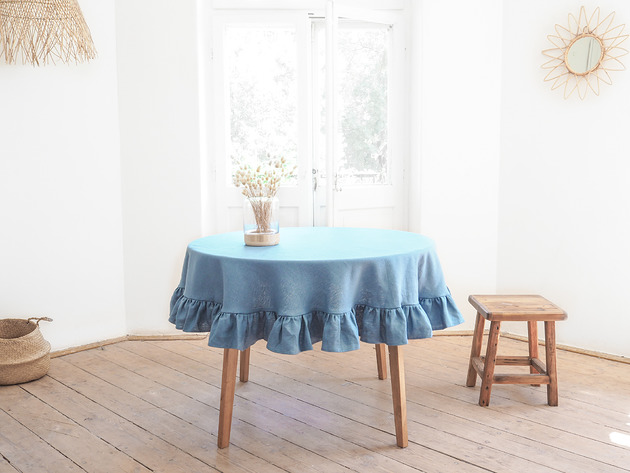 obrusy i serwetki Obrus okrągły z falbanką heavy linen DUSTY BLUE