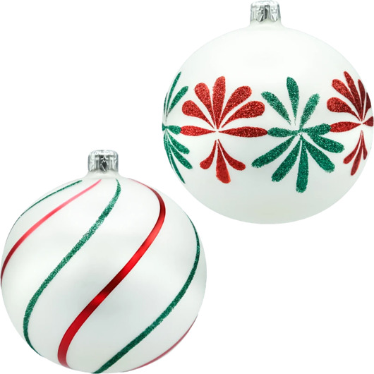 bombki Bombki okrągłe: biała satyna z czerwono-zielonym brokatem