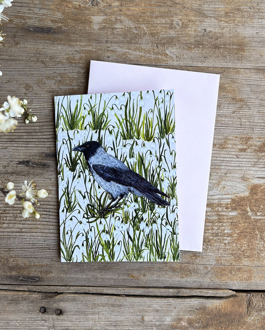 kartki okolicznościowe - wydruki Wrona Siwa- Kartka- Grafika- Ilustracja- Ptaki