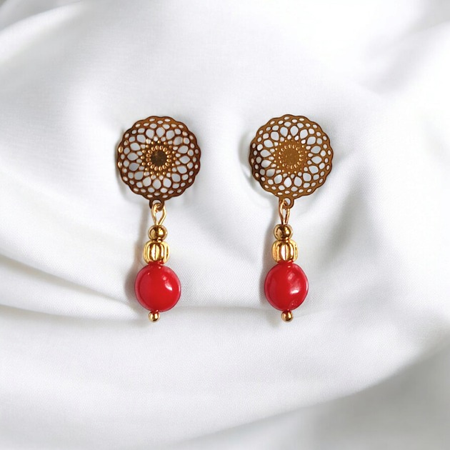 kolczyki z kamieniami Kolczyki : INDIA :  koral czerwony na ozdobnych sztyftach