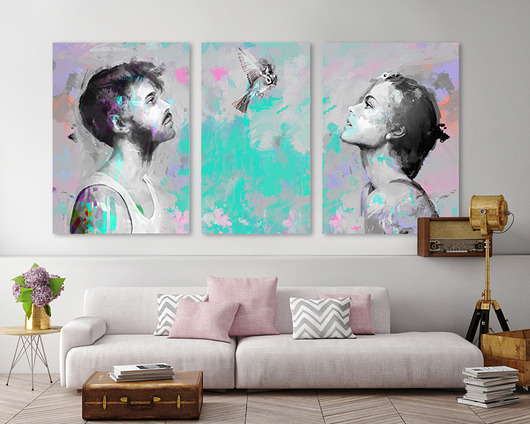 OBRAZ NA PŁÓTNIE TRYPTYK "HE&SHE&BIRD" 140x70 CM Krzanoo