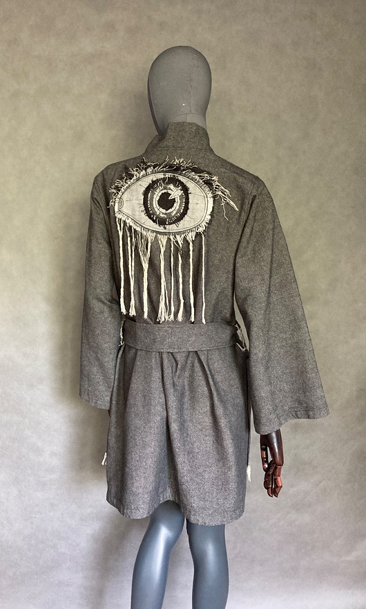 ubrania różne Designerskie kimono bawełna z lnem oko z frędzlami.