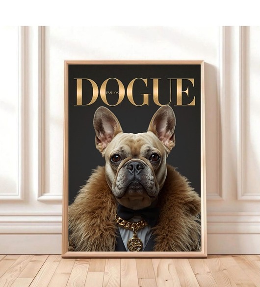grafiki i ilustracje PLAKAT DOGUE bulldog,  portret psa, okładka magazynu modowego, mops