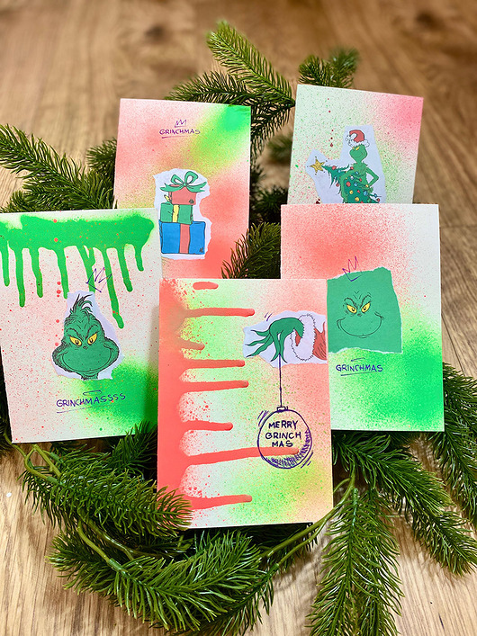 kartki scrapbooking GRINCHowe, kolażowe kartki świąteczne - zestaw 5 szt