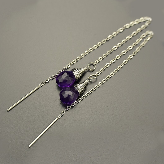 kolczyki wire wrapping Kolczyki krople ametyst długie przewlekane wire wrapping