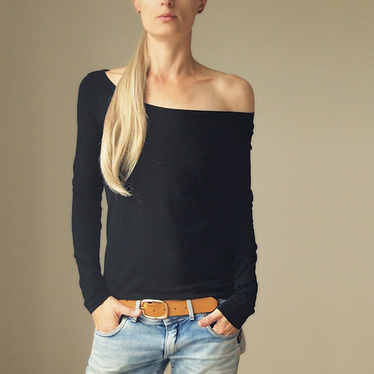 bluzki z długim rękawem damskie Czarna dopasowana długi rękaw szeroki dekolt