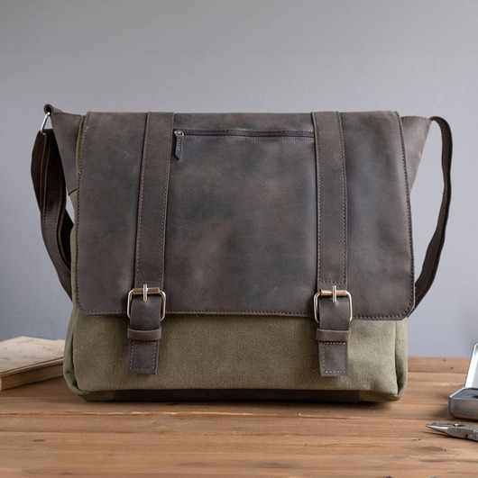 torby i nerki męskie Brązowo Zielona Duża Torba Vintage Skórzano Płócienna Belveder BC61BRZ