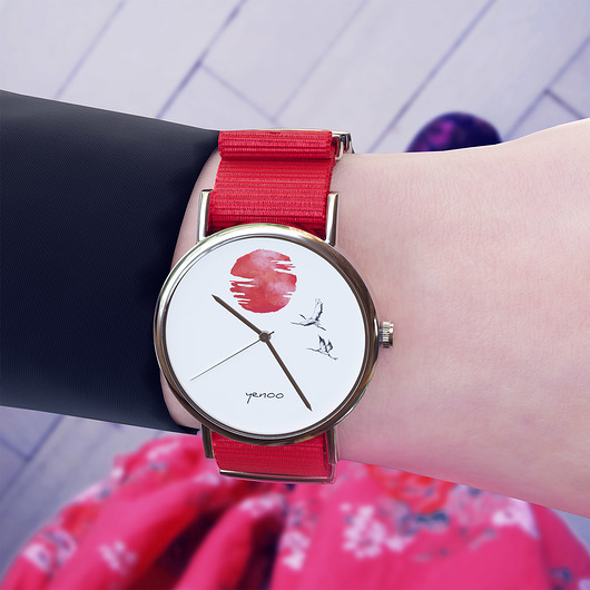 zegarki damskie Zegarek - Japońskie żurawie 2 - czerwony, nylon