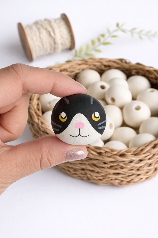 akcesoria różne Ręcznie malowany koralik kot czarny 3 cm do makramy i rękodzieła 1 szt.