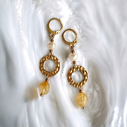 kolczyki z kamieniami Cytryn i PERŁY - kolczyki długie