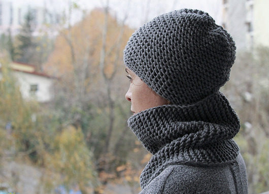czapka dziergana ręcznie handmade unisex szara RękaProduction