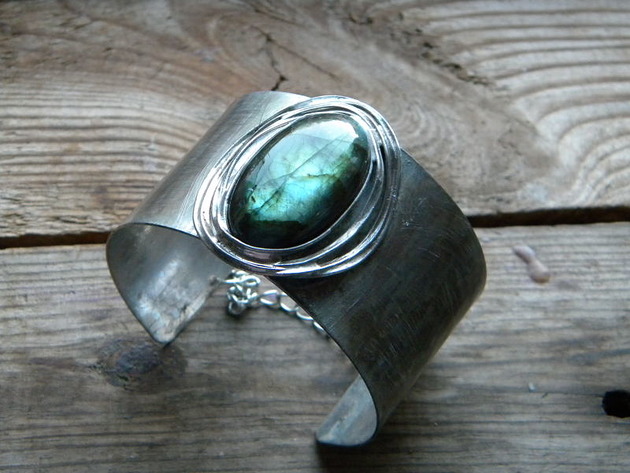 bransoletki wire wrapping Zielonozłoty labradoryt      - BRANSOLETA MANKIET - CUFF