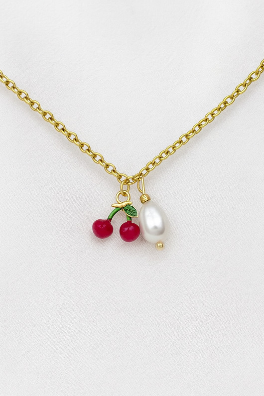 złote naszyjniki Łańcuszek z perłą i wisienkami  handmade