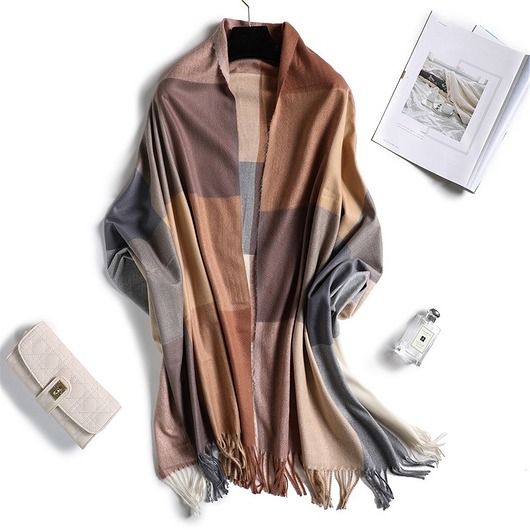 szale damskie Szalik Damski kaszmirowy wełna brązowy w kratę