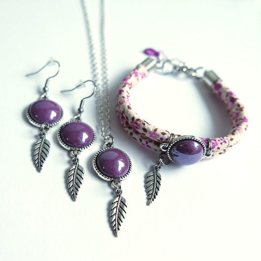 komplet biżuterii Komplet - Ceramiczne fioletowe - kolczyki, naszyjnik, bransoletka
