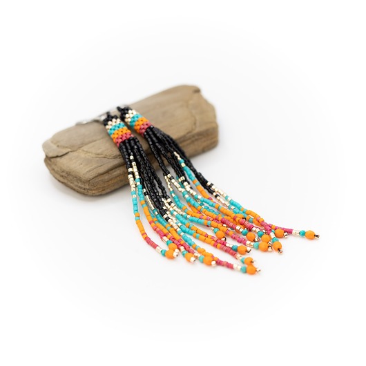 kolczyki chwosty Kolczyki "indiańskie" - chwosty - czarno-złoto-pomarańczowo-turkusowe