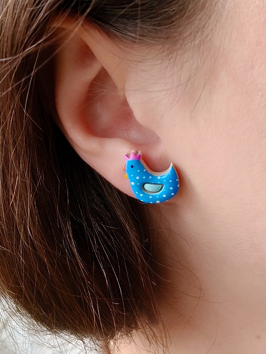 kolczyki z masy plastycznej Kolczyki sztyfty kurki ptaszki, kolorowe niebieskie, rustykalne, wiejskie