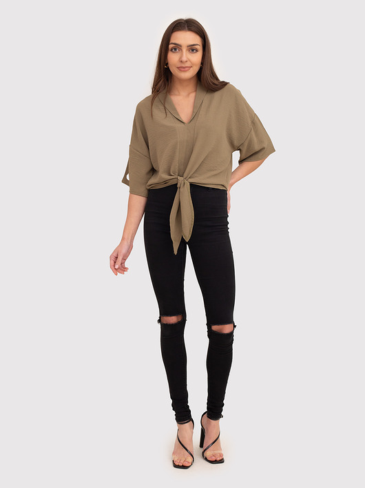 koszule damskie  Koszula w kolorze khaki z kołnierzykiem V i wiązaniem z przodu TA572 KHAKI