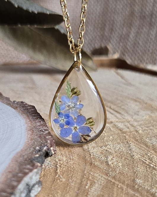 wisiory Złoty wisiorek prawdziwe kwiaty zawieszka łezka łza niezapominajki