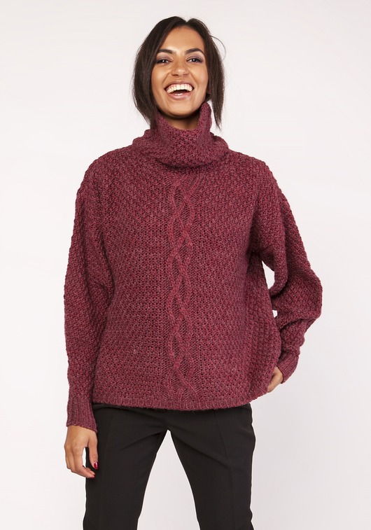 CIEPŁY SWETER Z WARKOCZEM,SWE115 BORDO Lanti