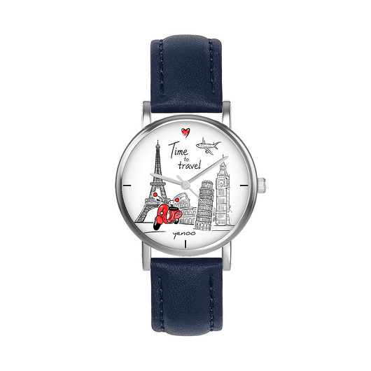 zegarki unisex Zegarek  mały - Time to travel - skórzany, granatowy