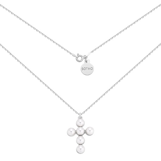 złote naszyjniki Srebrny naszyjnik z krzyżem zdobionym perłami