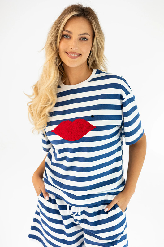 t-shirt damskie Bluzka Joy Usta Szerokie Paski Classic Blue