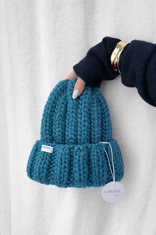 czapki damskie Gruba wełniana czapka beanie turkusowa 100% wełna handmade