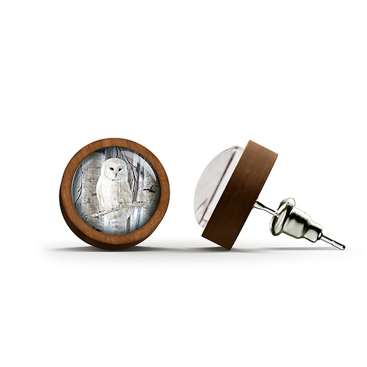 kolczyki drewniane Kolczyki drewniane - Biała sowa - sztyfty