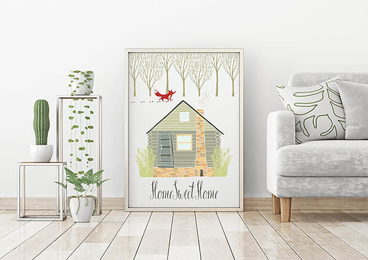 plakat. las, lis i domek Love Life and Forest