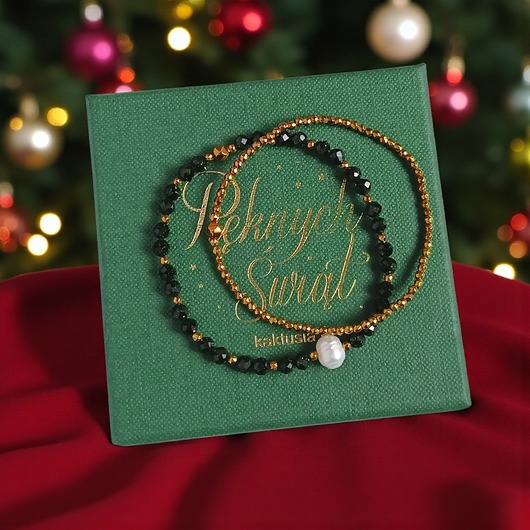 bransoletki z kamieni naturalnych Świąteczny zestaw bransoletek : ciemna zieleń, złoto, perła : szmaragd nilu