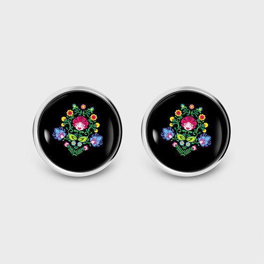 kolczyki szklane Kolczyki sztyfty - Folkowe czarne - grafika