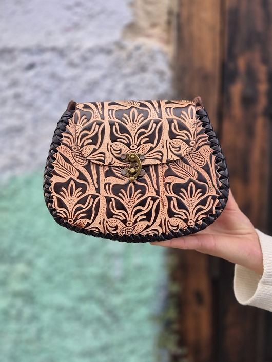 torby na ramię Torebka skórzana Julia beżowa kwiaty ręcznie robiona