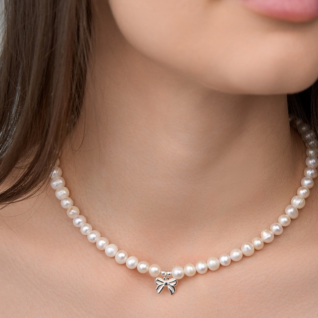 chokery Choker naszyjnik perły naturalne kokardka-  srebro 925