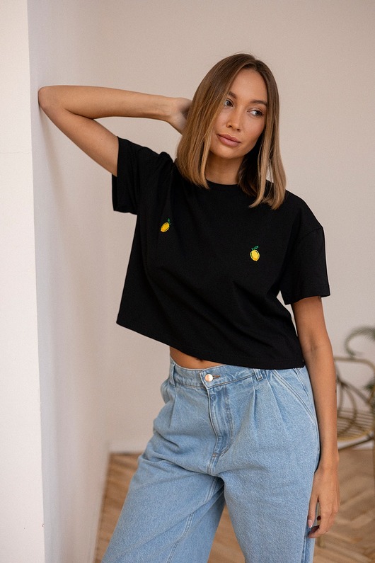 t-shirt damskie T-shirt Crop-Voila Czarny Cytryny