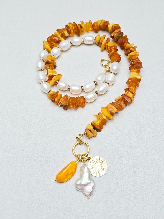 złote naszyjniki Naszyjnik  Perłowo - Bursztynowo