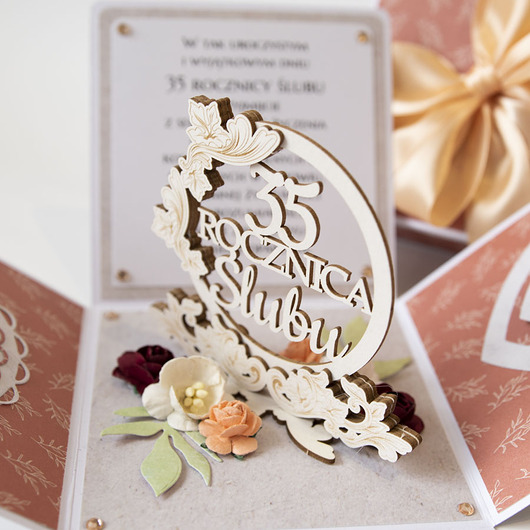 kartki scrapbooking 35 rocznica ślubu, koralowe gody, exploding box, kartka 3d