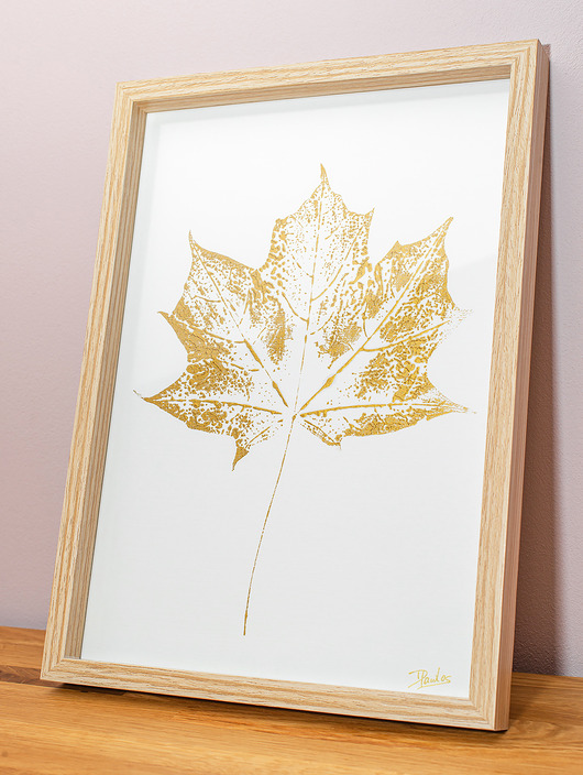 obrazy Obraz w ramie. Botaniczny plakat. Grafika handmade. Złoty Liść KLON ramka A4