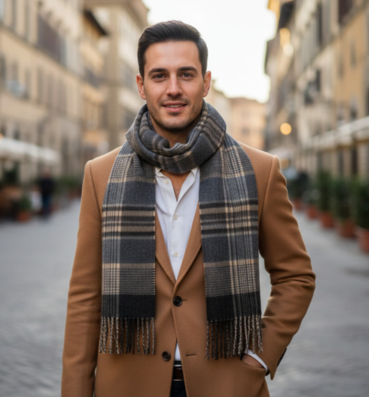 tuby i kominy Szalik Męski Szary Beżowy Kratka Szal Wełna Kaszmir