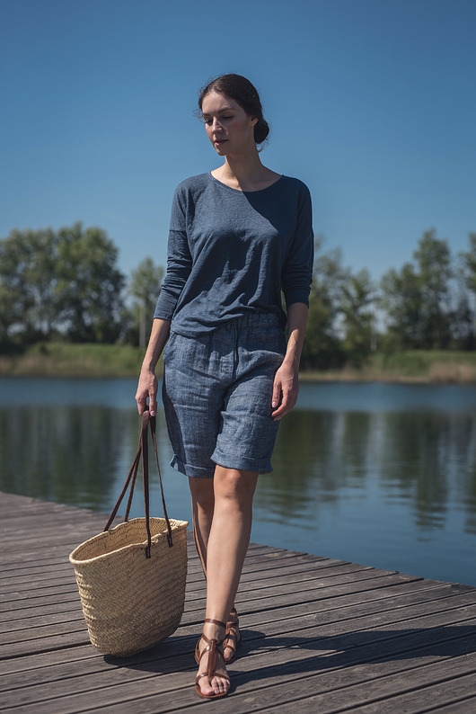 bluzki z długim rękawem damskie Lniana bluzka dzianinowa niebieska