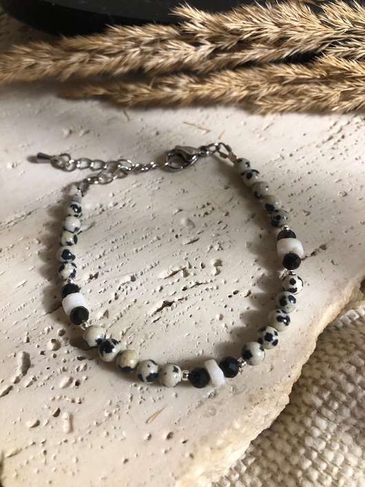 bransoletki z kamieni naturalnych Bransoletka jaspis dalmatyński i obsydian srebrzysty