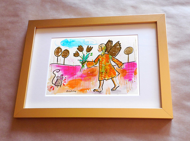 obrazy Aniołek z tulipanami - 24x16 cm unikat