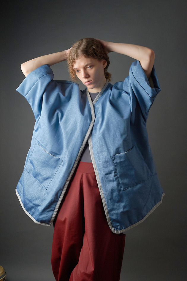 płaszcze damskie Płaszczyk kimonowy patchwork niebieski oversize